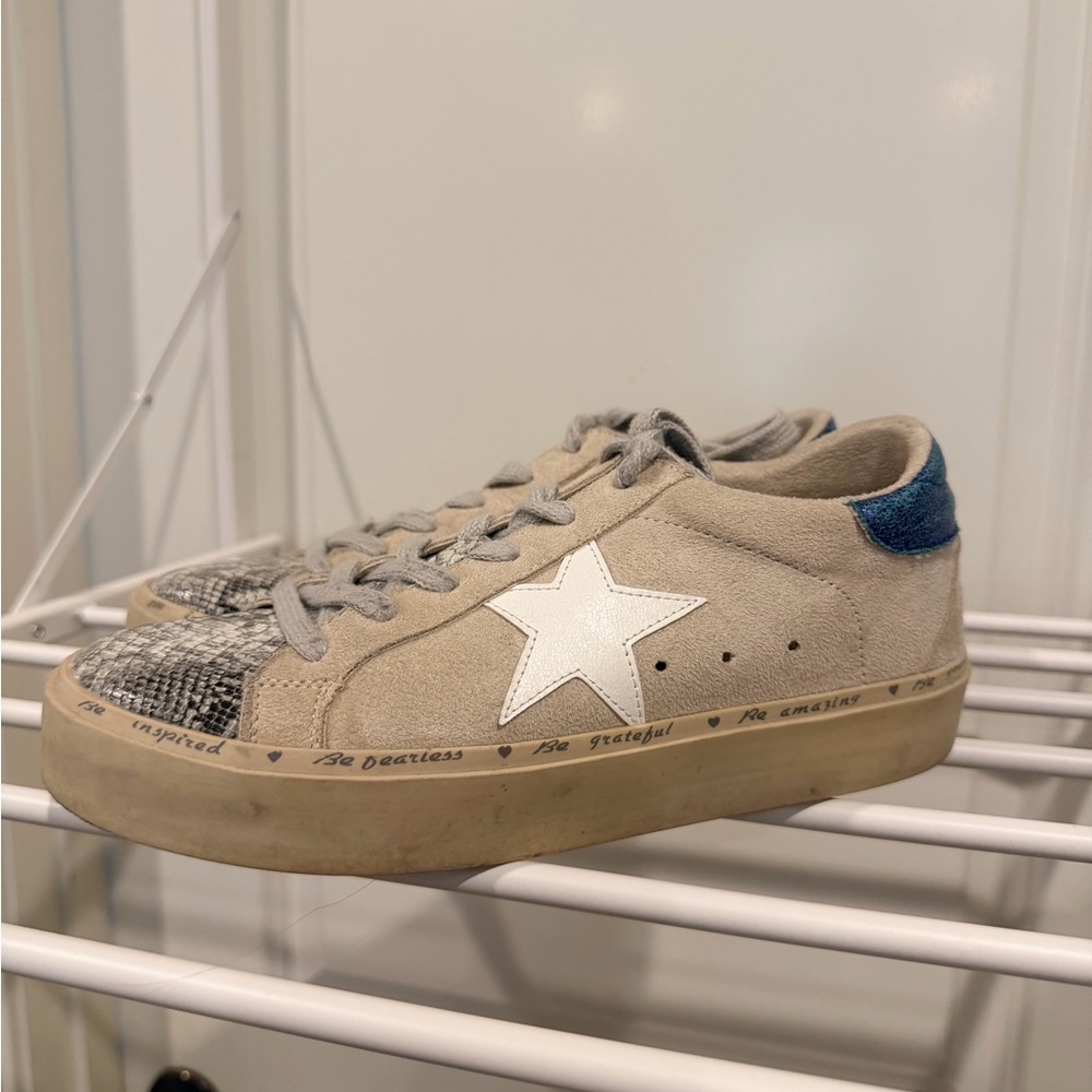 ShuShop Reba Beige and Blue Star Snakeskin Sneakers